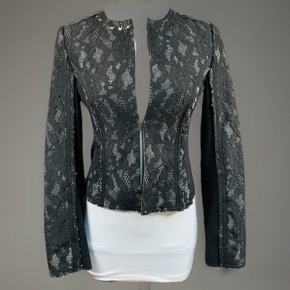 Stunning, Black stud, pin, unfinished hem, hook eye closure, blazer jacket